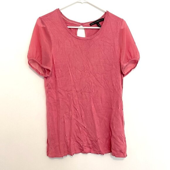 WHITE HOUSE BLACK MARKET WHBM Woven Short Sleeve Top Pink Mixed Media Knit Work - Picture 2 of 14